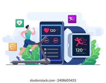 Smartwatch fitness tracker concept flat illustration vector template, Man character running on a treadmill, Smart working, Training, Sports exercises, Monitoring heart rate, Gadgets and devices