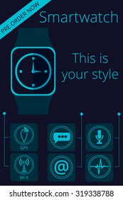 Smartwatch. Fitness tracker.  Flat vector promotion infographic. Key features are shown as icons.