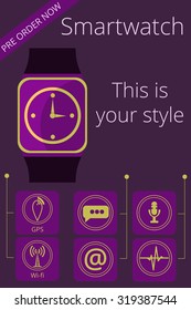 Smartwatch. Fitness tracker.  Flat vector promotion infographic. Key features are shown as icons.