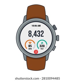 
Smartwatch Fitness Tracker Interface - Digital Watch Displaying Steps, Heart Rate BPM and Calories Burned - Health Monitoring Wearable Technology Vector Illustration
