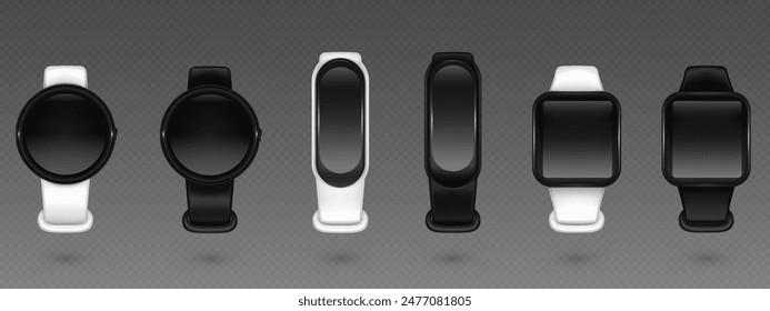 Smartwatch and fitness tracker with white and black bracelet. Realistic 3d vector illustration set of intelligent sport wristband with round, rectangular and square blank screen. Smart device mockup.