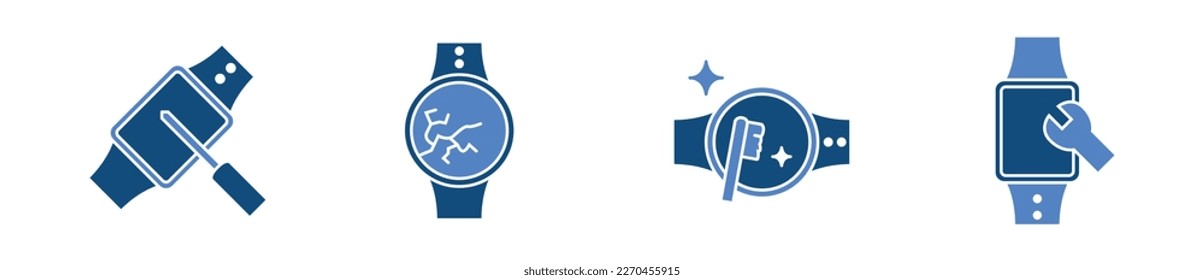 Smartwatch fixing business modern icon set, clock repair service concept, digital timer vector icons, clock engineer emblems, cracked screen symbols isolated on white background