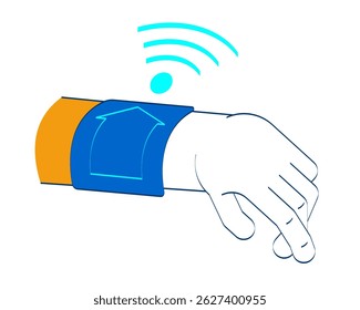 Smartwatch hand with remote home control and wifi signal doodle cartoon illustration. Wrist IoT wearable emitting Wi-Fi 2D vector drawing isolated on white background. Editable hand-drawn clipart