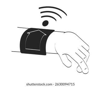 Smartwatch hand with remote home control and wifi signal doodle outline illustration. Wrist IoT wearable emitting Wi-Fi 2D vector drawing sketch isolated on white. Monochrome clip-art handdrawn