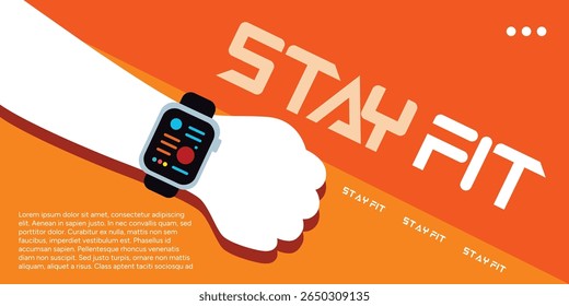 Smartwatch in hand Sporty orange design, flat vector illustration, ideal for fitness and tech concepts.