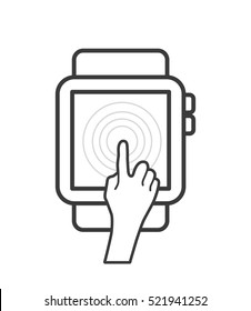 smartwatch and hand touching over white background. vector illustration