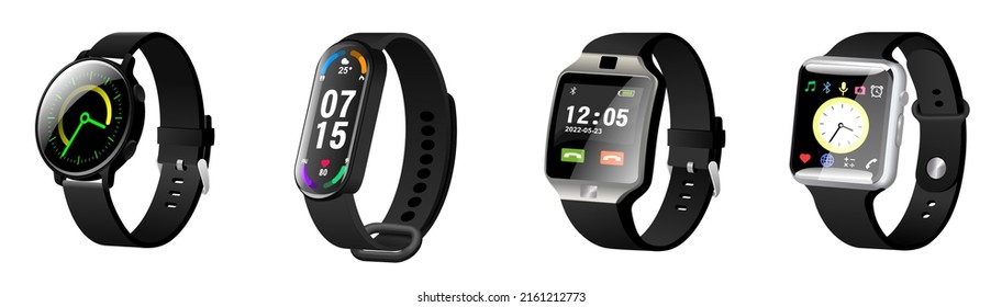 Smartwatch hand wearable accessory realistic set. Smart wrist watch sideways view. Modern electronic band with different indicator, function and opportunities vector illustration svg