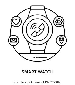 A smartwatch having different small graphic of location, health, settings and mail symbolizing wearable technologies 