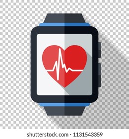 Smartwatch with health or fitness application icon. Smart watch icon in flat style with long shadow on transparent background
