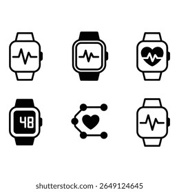 Smartwatch Health Monitoring Icons Heart Rate Fitness Tracker Digital Display Estilo Minimalista Preto e Branco