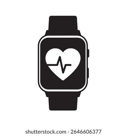 Smartwatch health tracker glyph icon with heart rate monitor for fitness wearable technology and activity tracking vector design vector solid glyph icon