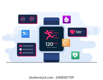 ilustración plana del concepto de asistencia sanitaria para smartwatch, monitorización de la frecuencia cardíaca en smartwatch, concepto de entrenamiento, fitness y salud, aplicación Fitness, dispositivo usado en la muñeca