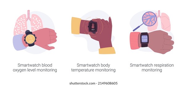 Smartwatch Healthcare Technologies Isolated Cartoon Vector Illustrations Set. Smartwatch Blood Oxygen Level And Body Temperature Monitoring, Respiration Control With Wearables Vector Cartoon.