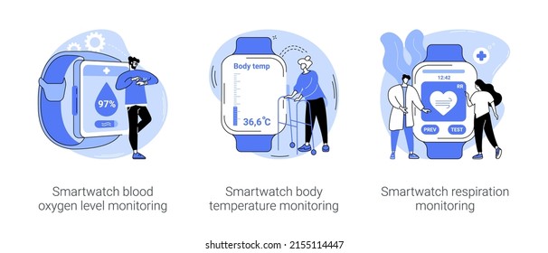 Smartwatch Healthcare Technologies Isolated Cartoon Vector Illustrations Set. Smartwatch Blood Oxygen Level And Body Temperature Monitoring, Respiration Control With Wearables Vector Cartoon.