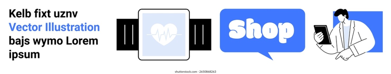 Smartwatch with heart health, speech bubble with Shop text, person holding tablet. Ideal for e-commerce, tech, health, online shopping, consulting. Banner for landing page