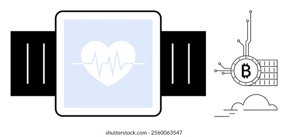 A smartwatch with a heart icon and heartbeat line on its display alongside a circuit-themed Bitcoin icon over a circuit background. Ideal for health apps fintech technology wearables and digital