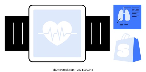 Reloj inteligente con pantalla de monitor de corazón en el centro. El diagrama de pulmón y la bolsa de compras azul con el icono S son visibles a la derecha. Ideal para el seguimiento de la aptitud, el seguimiento de la salud, la atención médica, el comercio electrónico