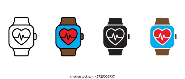Smartwatch-Herzfrequenz-Symbol setzt Vektor auf weißem Hintergrund. Herzfrequenz, Fitness, Gesundheit, Tracking, tragbar, Technologie, medizinische Ikone. Vektorgrafik.
