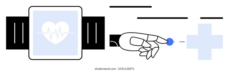 Smartwatch with a heart rate monitor and robotic hand pointing to a medical cross. Ideal for health technology, medical innovation, robot-assisted care, patient monitoring, wearable devices. Simple