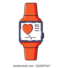 Smartwatch with heart rate. Pulse heart. Heartbeat icon.Heart disease concept. Wearable technology heart cardiology.Isolated on white background.Line art vector illustration.