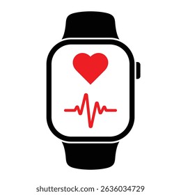 Smartwatch with heart rate vector icon. ECG line, fitness tracker, wearable device, health monitoring, digital watch, heartbeat sensor. Black and red illustration isolated on white background.