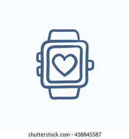 Intelligente Armbanduhr mit Herzzeichen, Vektorgrafik Symbol einzeln auf Hintergrund. Handgezeichnete Intelligente Uhr mit Herzzeichensymbol. Intelligente Uhr mit Herz-Schild-Skizze Symbol für Infografik, Website oder App.