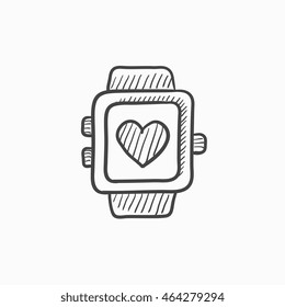 Smartwatch with heart sign vector sketch icon isolated on background. Hand drawn Smartwatch with heart sign icon. Smartwatch with heart sign sketch icon for infographic, website or app.