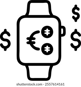 Smartwatch with Holographic Dollar and Euro Signs concept as A smartwatch with holographic icons of dollar and euro signs floating above the watch face isolated on a white background. The design is mi