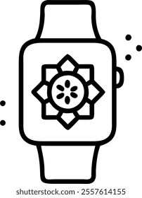 Smartwatch with Holographic Rangoli concept as A smartwatch displayed on a white surface with holographic Rangoli elements floating above it. The glowing elements add a cultural touch with ample space
