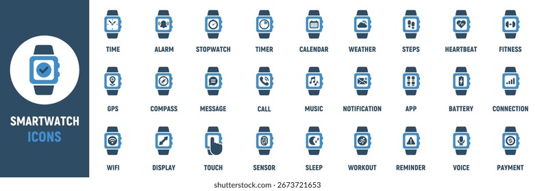 Smartwatch icon set. Containing time, alarm, heartbeat, steps, sleep, gps, message, call, music, battery and more. Solid vector icons collection