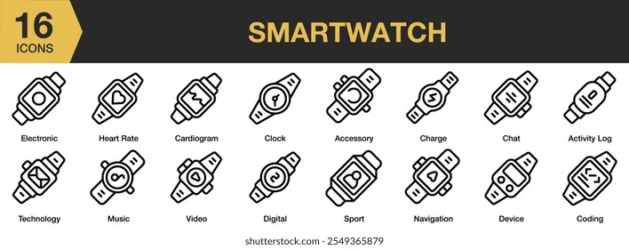 Smartwatch icon set. Includes smartwatch, clock, device, sport, digital, charge, chat, and More. Outline icons vector collection.