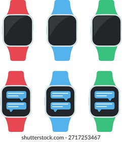 smartwatch icon set with message notifications, flat vector, wearable technology symbols