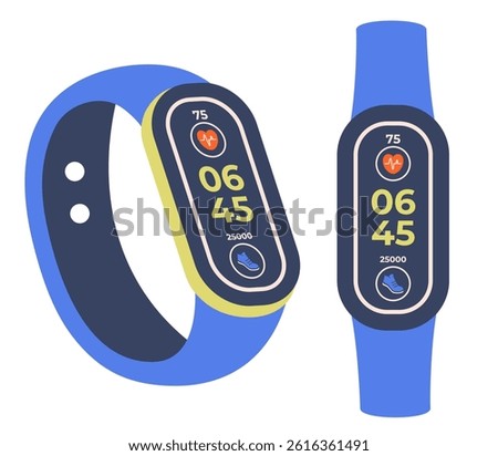 Smartwatch icon set. Universal Hand watch with oval screen and color strap. Trendy Digital watch with activity icon and pulse. Fitness tracker to measure heart rate and daily steps. Vector