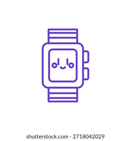 Icono de reloj inteligente. Ilustración de línea delgada de dispositivo portátil con pantalla sonriente, pictograma de seguimiento de fitness y monitoreo de salud, símbolo de Tecnología digital y dispositivos inteligentes.