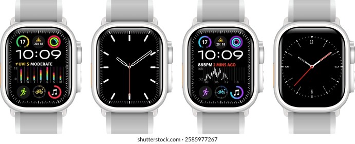 Smartwatch icons collection isolated on white, technology electronic gadgets, wrist watch bands vector illustration, modern electronic smartwatches set.