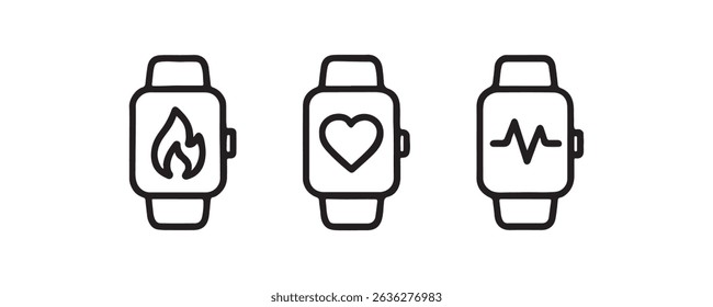 Smartwatch icons: fire, heart, heartbeat - fitness and health symbols.