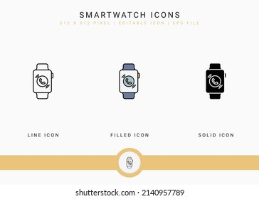 Smartwatch icons set vector illustration with solid icon line style. Electronics smart device concept. Editable stroke icon on isolated background for web design, user interface, and mobile app