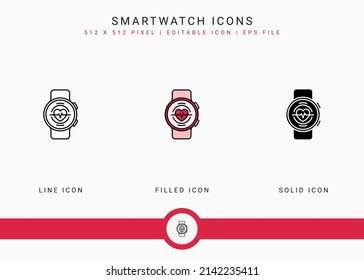 Smartwatch icons set vector illustration with solid icon line style. Electronics smart device concept. Editable stroke icon on isolated background for web design, user interface, and mobile app