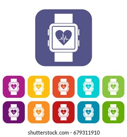 Smartwatch icons set vector illustration in flat style In colors red, blue, green and other