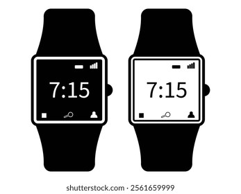 Smartwatch icons. Smart watch icon with clock, battery charge, Wi-Fi and app symbol. Web icon for mobile and ui design. Electronic fill and stroke smartwatch mobile device screen. Vector illustration.