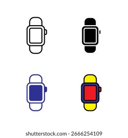 Iconos de Smartwatch en varios estilos, incluyendo contorno, sólido, minimalista y colorido, adecuados para el diseño de interfaces de usuario, infografías, presentaciones y aplicaciones de Web.