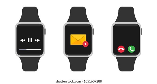 Ilustración de Smartwatch. Pantalla de dispositivo con notificación de mensajes, botones de llamada y reproductor de música. Conjunto de vectores aislado en blanco