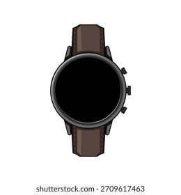 Ilustração Smartwatch com um dispositivo redondo com uma tela em branco escuro e uma cinta de couro marrom, representando tecnologia vestível moderna e conectividade digital