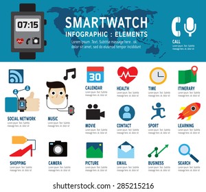 Smartwatch infographic.
smartwatch socially isolated on white and blue background.
Flat icons design vector illustration concept.