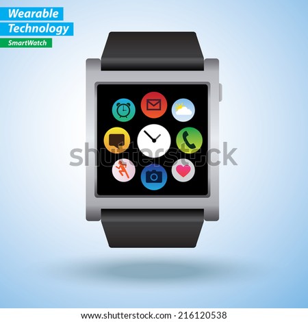 SmartWatch infographics. Apps like Phone, msg, mail, timer, music, camera, weather.