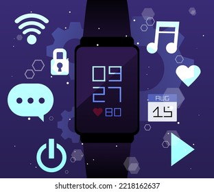 Smartwatch infographics, flat vector illustration. Digital smart watch showing time and heart rate. Modern watch with function of music player, calendar, messenger and WIFI connection.