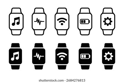 Smartwatch interfaz icono Vector. música, salud, conectividad, energía, y Configuraciones símbolo. Ilustración vectorial.
