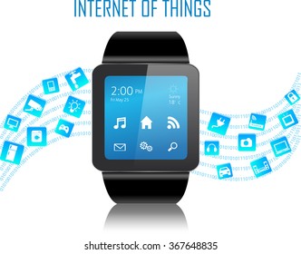 Smartwatch With Internet Of Things (IoT) Icons Connecting Together. Internet Networking Concept. Application Coming Out From Smartwatch On White Background.Internet Of Things.