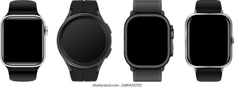 Reloj inteligente aislado con pantalla vacía, relojes inteligentes deportivos aislados realistas. Pantalla de dispositivo negra vacía, maqueta de aplicación. Tecnología 3D, Elementos de interfaz de pulsera. Conjunto de Vectores .
