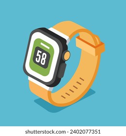 Smartwatch. Isometry. Ilustración isométrica vectorial. Ilustración de reloj inteligente con pantalla de trabajo y datos de pulso. Observar aislado en un fondo sólido con sombra.